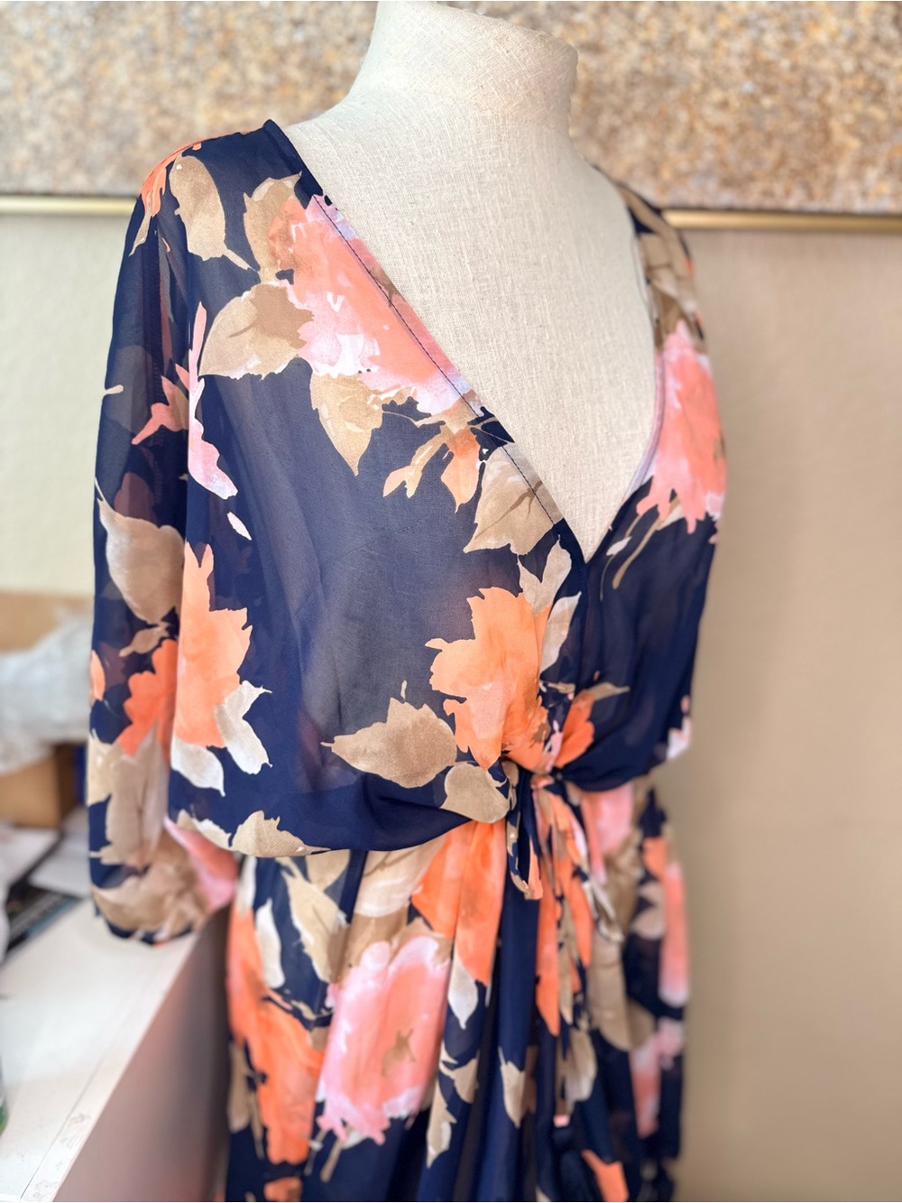 CATO Floral Sheer Maxi Romper Navy Pink Wide Leg Kimono Cover Up Large - Picture 4 of 9